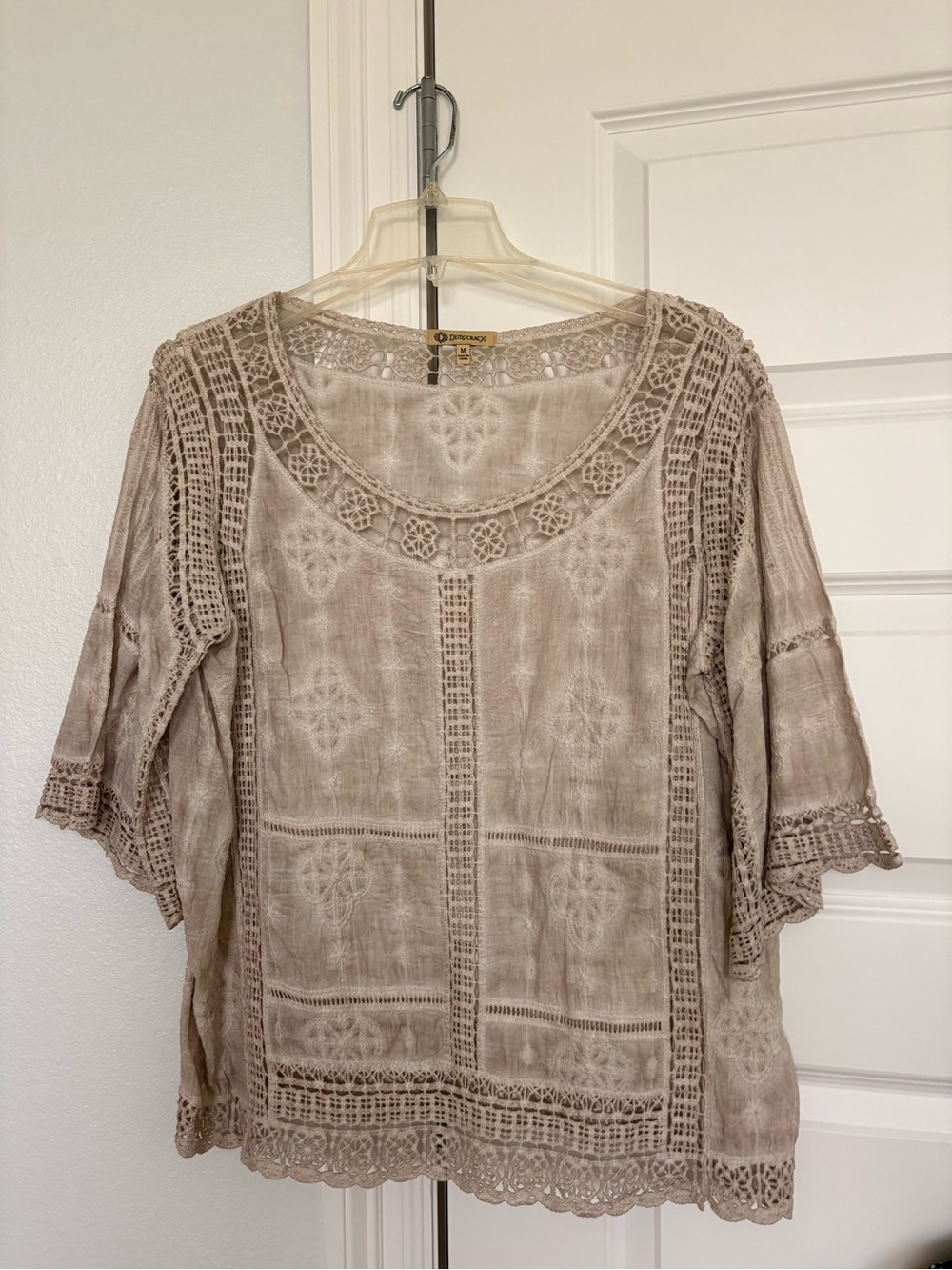 Democracy Taupe Crochet Trim Boho Tunic Topr